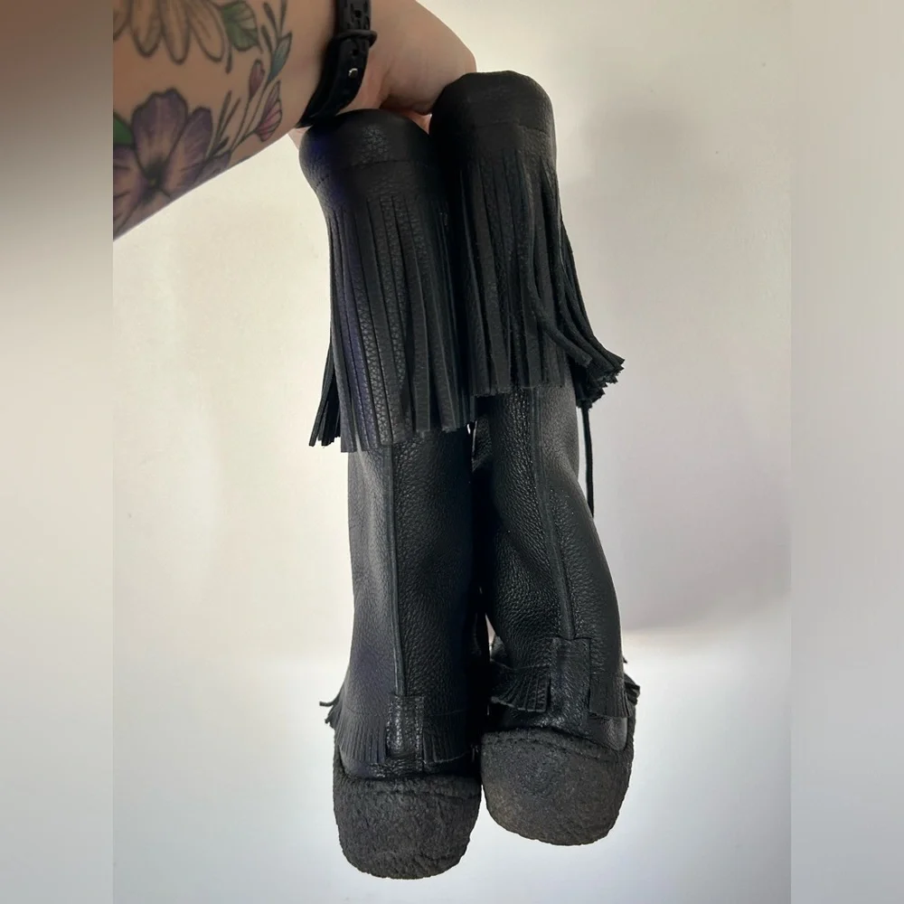 Made In Canada Black Leather Fringed Mukluks Fleece Lined Boots Lace-up 10 M - Picture 8 of 13